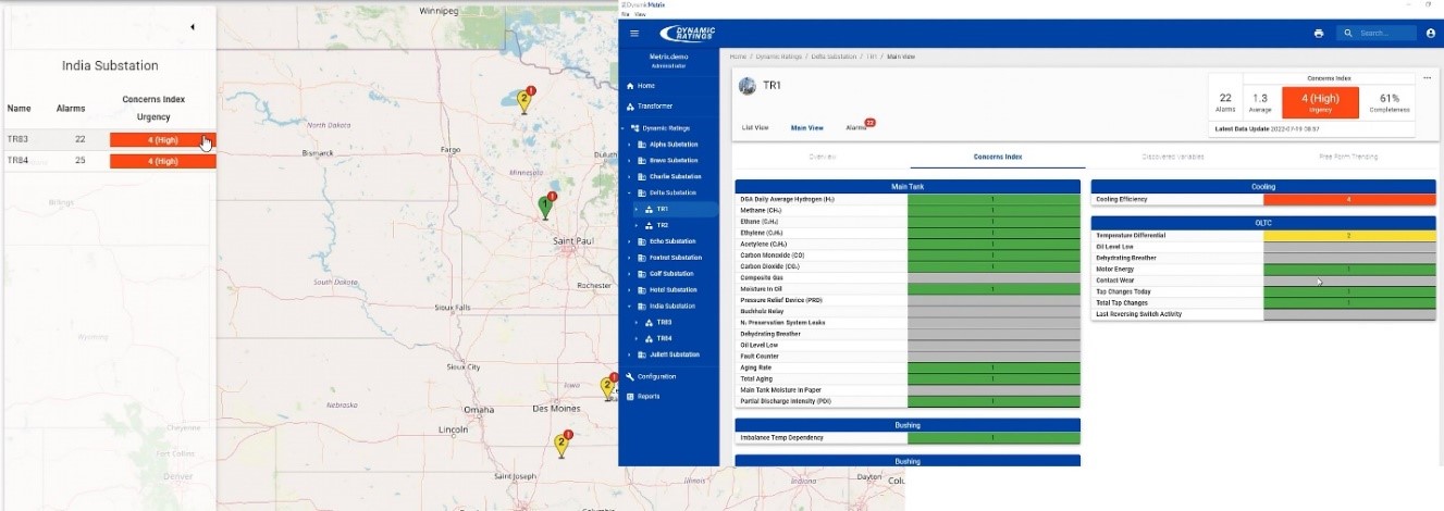 Figure 4: Dynamic Ratings DynamicMetrix®, map view and transformer condition view. Photo Credit: Dynamic Ratings